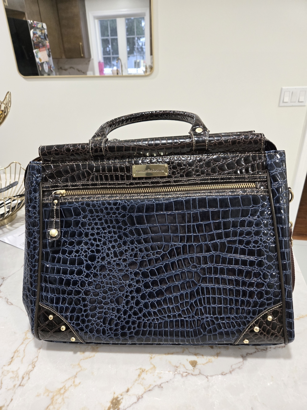 Croc-Embossed Navy and Black Leather Top-Handle Briefcase